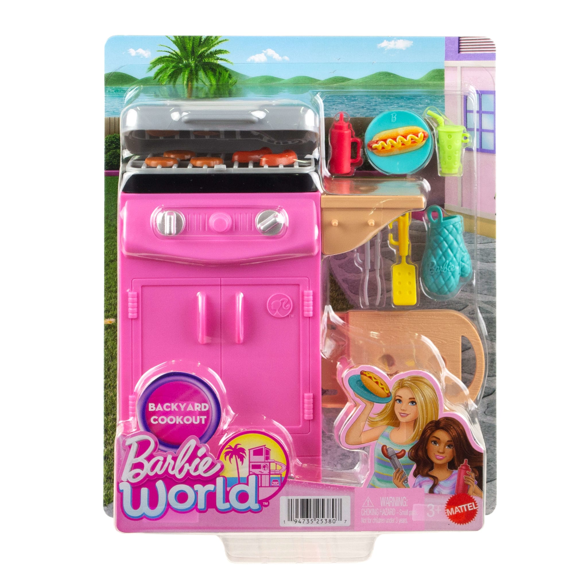 Barbie World Toy BBQ Grill Playset With 7 Dollhouse Accessories Including Grill With Working Lid & Food - Image 5