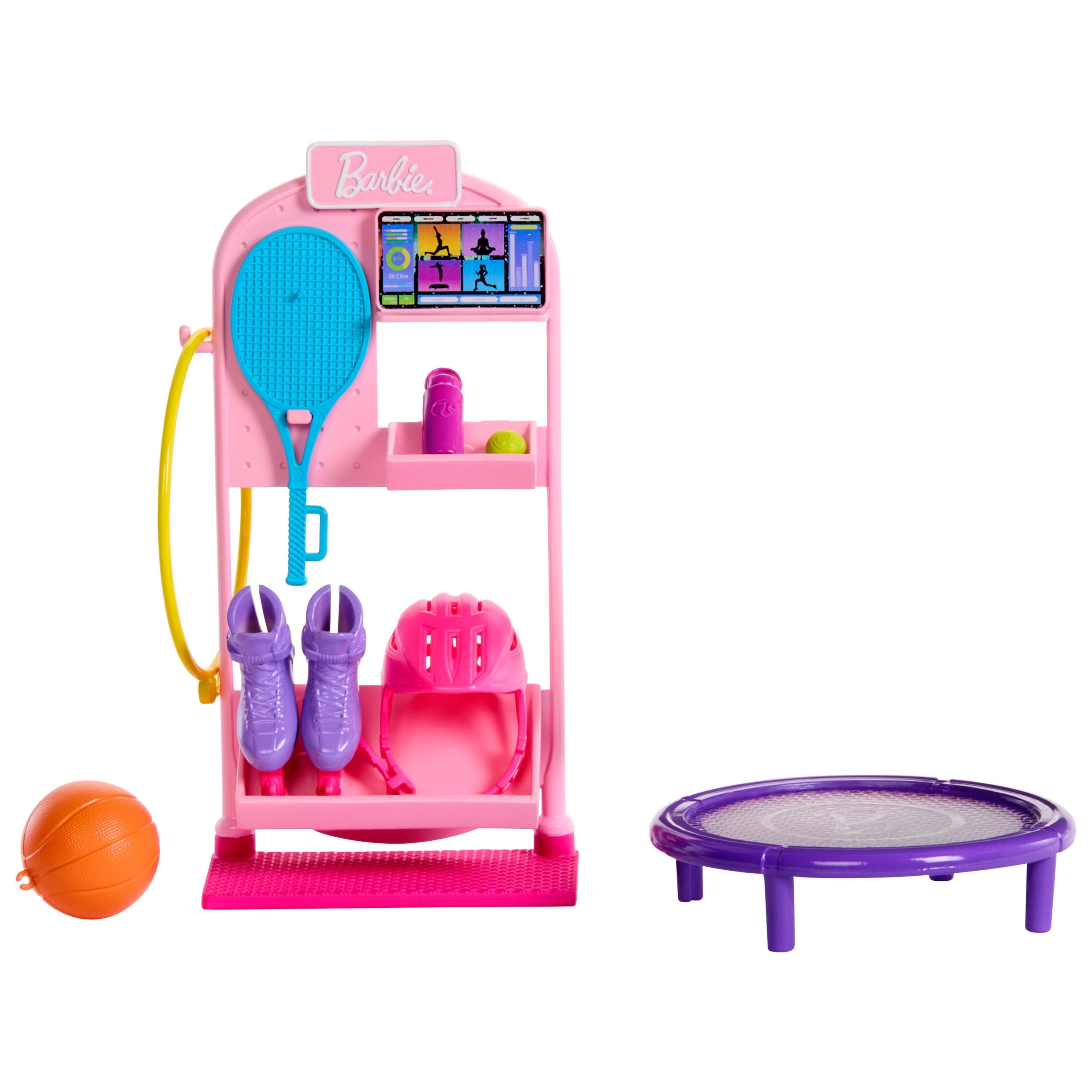 Barbie World Sport Rack Toy Playset With 9 Doll Accessories Including Trampoline. Tennis Racket. & Skates