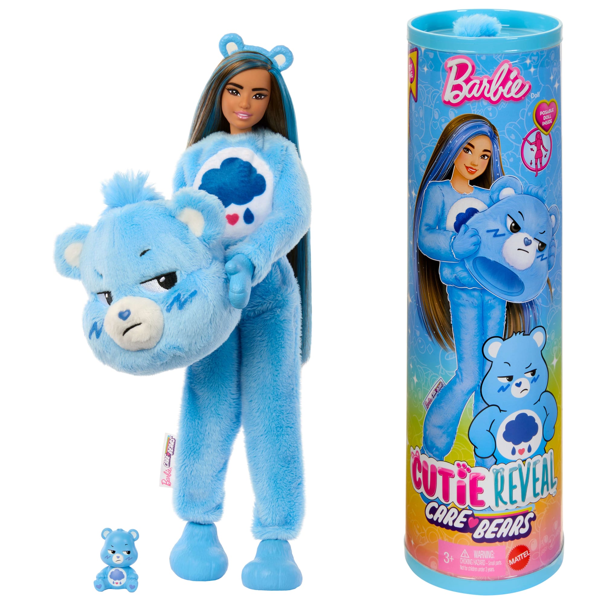 Barbie Cutie Reveal Care Bears Series Doll & Accessories in Grumpy Bear Plush Costume. 10 Surprises