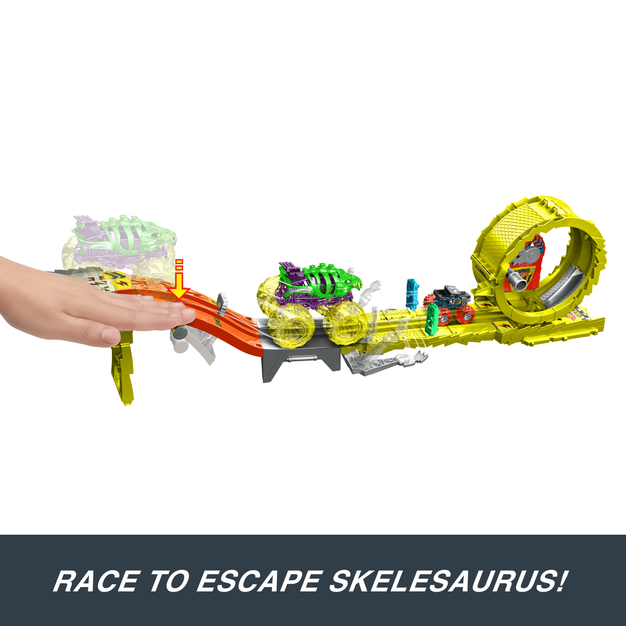 Hot Wheels Monster Trucks Power Smashers Charge & Chase Challenge Track Set With Oversized Skelesaurus. 1:64 Scale Bone Shaker & 2 Crushed Cars - Image 4
