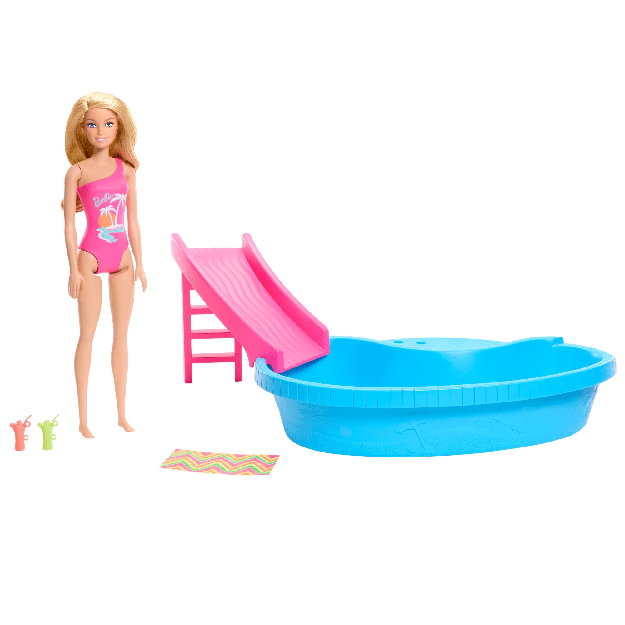 Barbie Coffret de Jeu et Poupée. Blonde. Piscine. Serviette. Boissons