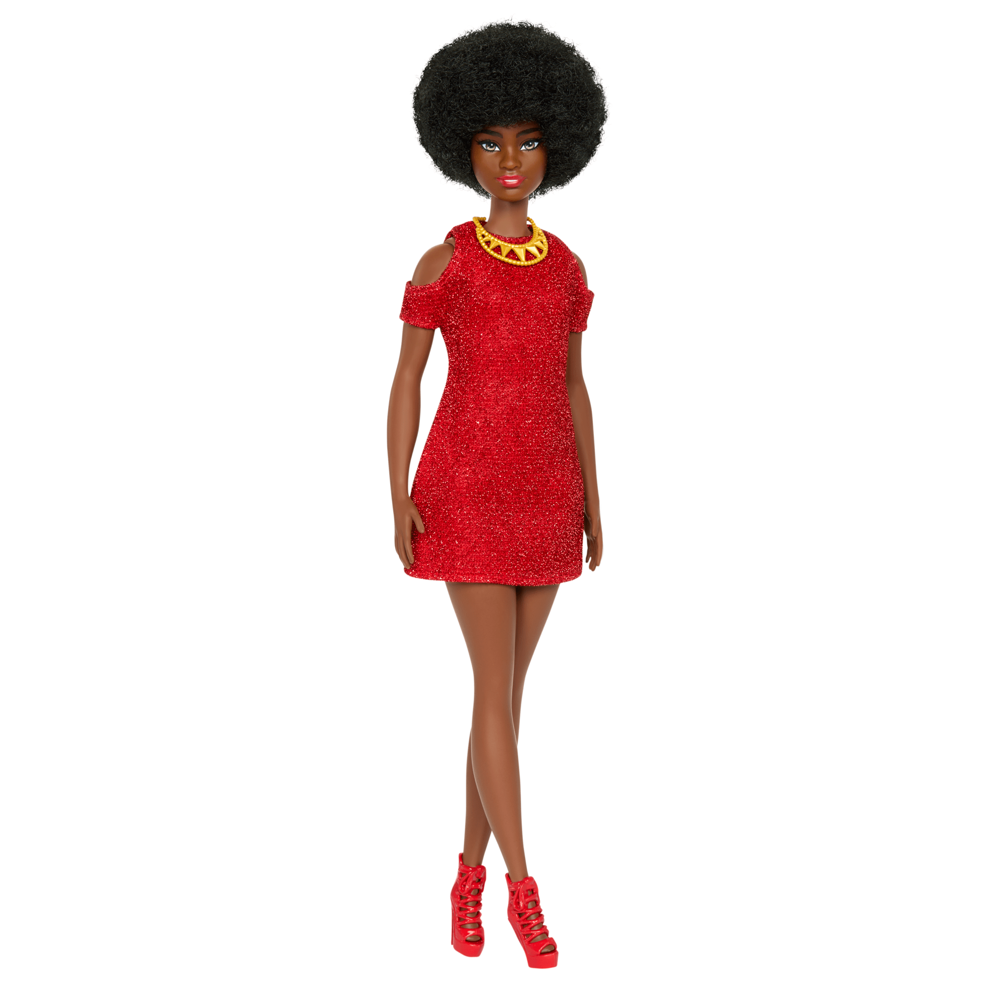 Barbie Fashionistas Doll #221 With Natural Black Hair. Red Dress & Accessories. 65th Anniversary
