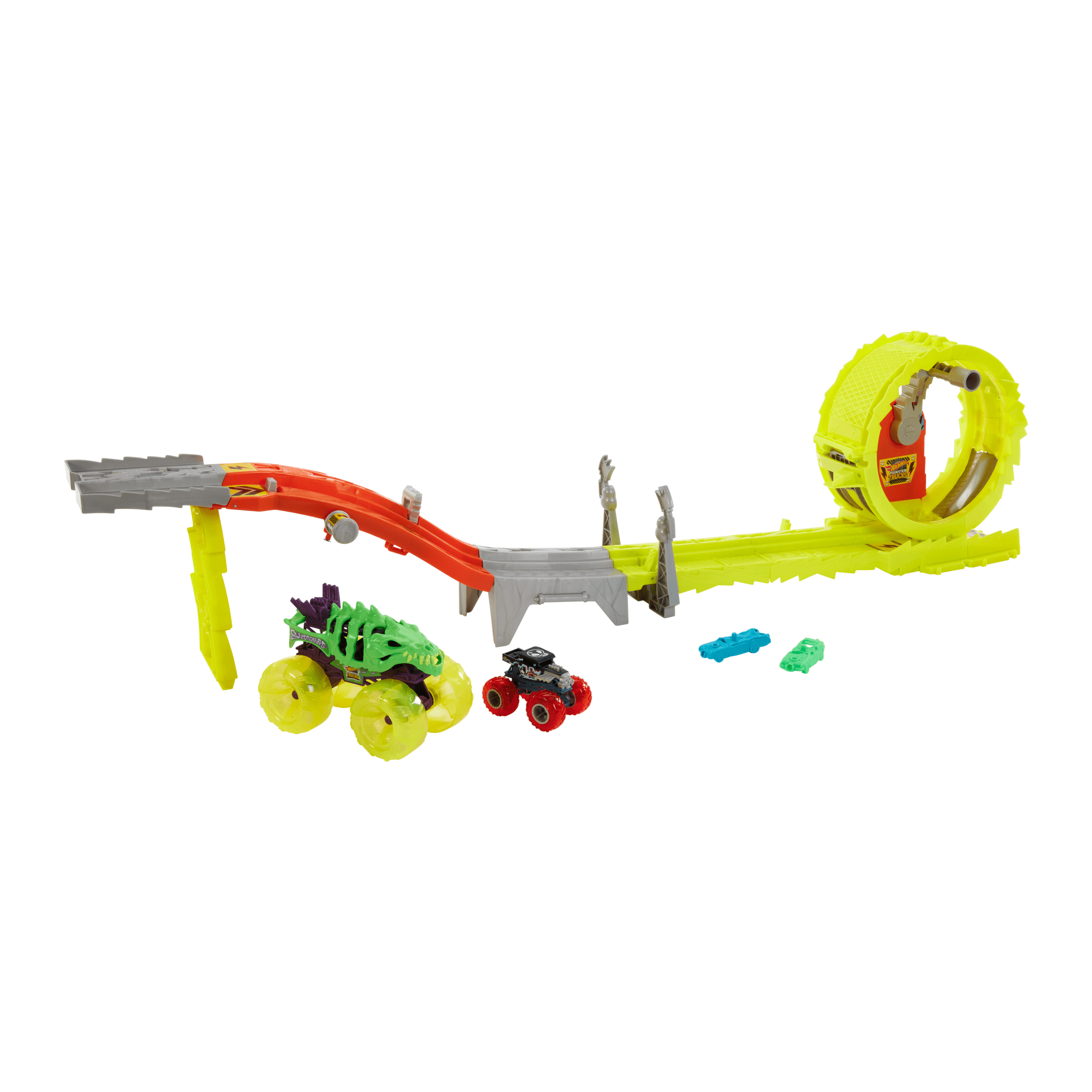 Hot Wheels Monster Trucks Power Smashers Charge & Chase Challenge Track Set With Oversized Skelesaurus. 1:64 Scale Bone Shaker & 2 Crushed Cars