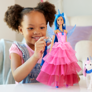 Barbie Unicorn Toy. 65th Anniversary Doll With Blue Hair. Pink Gown & Pet Alicorn