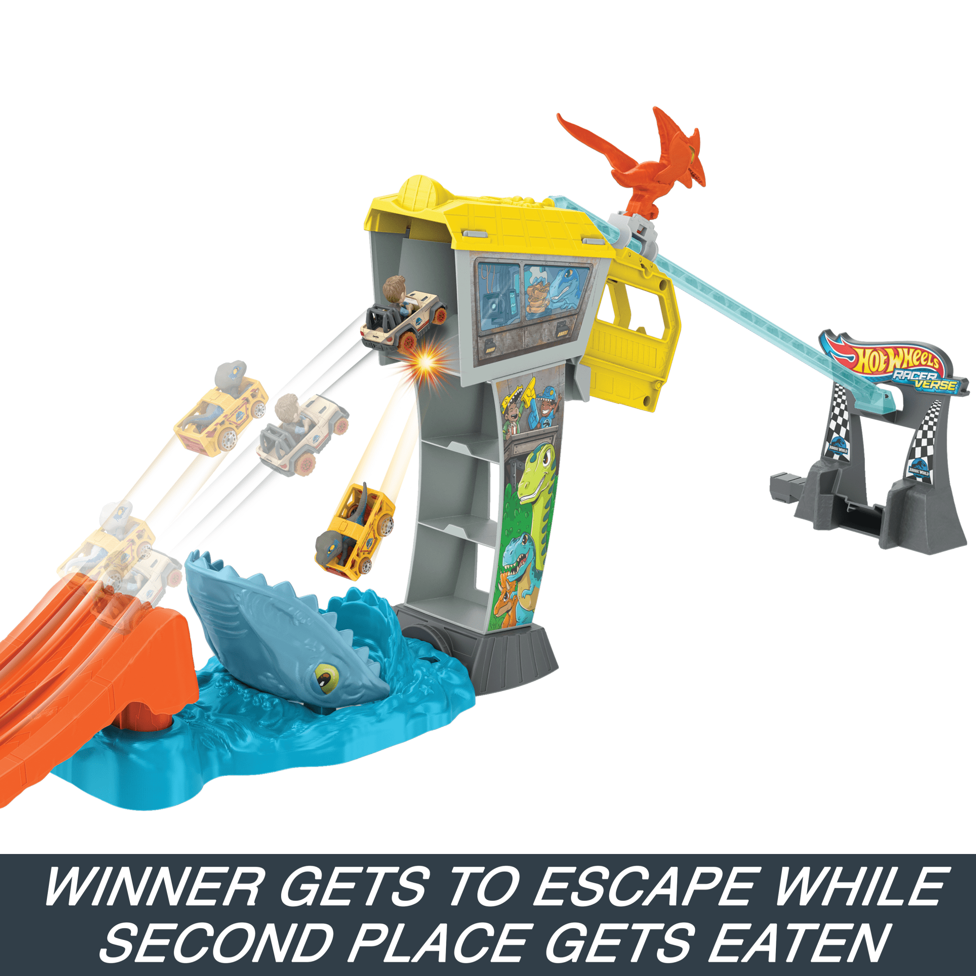 Hot Wheels Racerverse Jurassic World Blue's Raptor Rush Track Set With 2 Toy Die-Cast Vehicles - Image 4