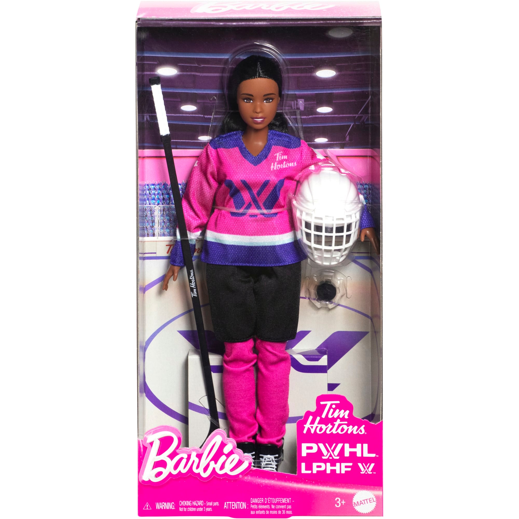 Barbie Tim Hortons PWHL Fashion Doll in Pink. Purple. & Teal Hockey Jersey. includes Hockey Accessories - Image 6