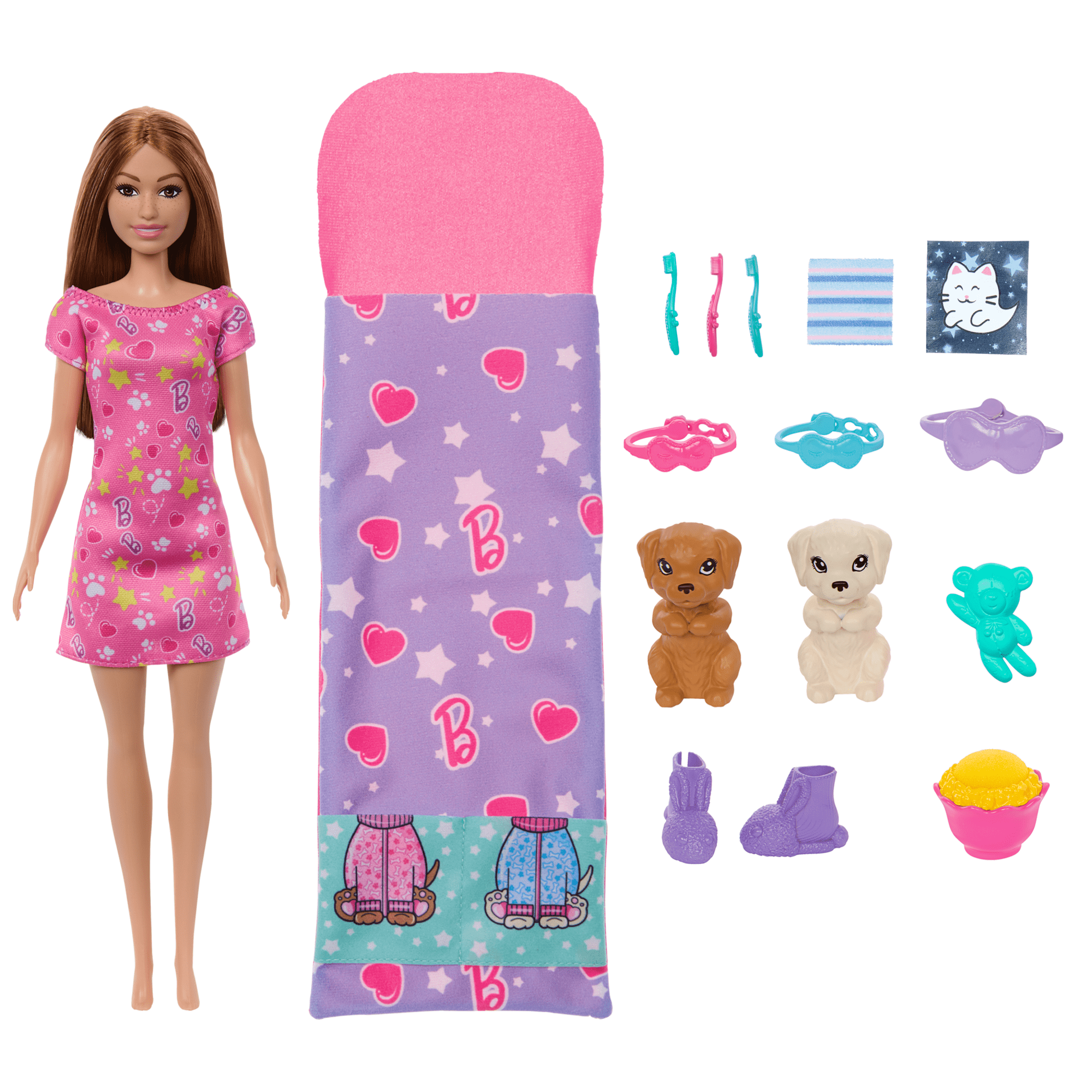 Barbie Doll & Puppy Slumber Party Playset With 2 Toy Dog Figures & 10+ Accessories. Color-Change