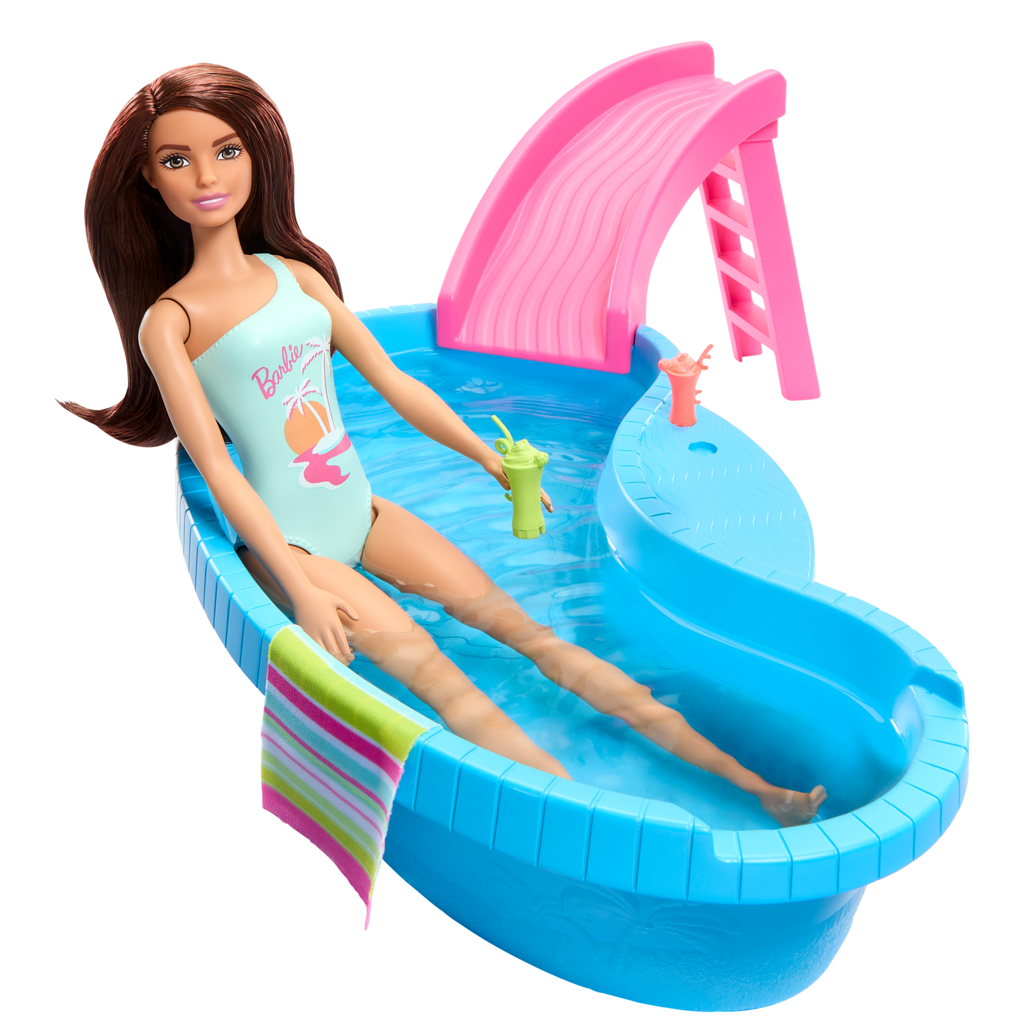 Barbie Coffret et Poupée. Brunette. Piscine. Serviette. Boissons - Image 2