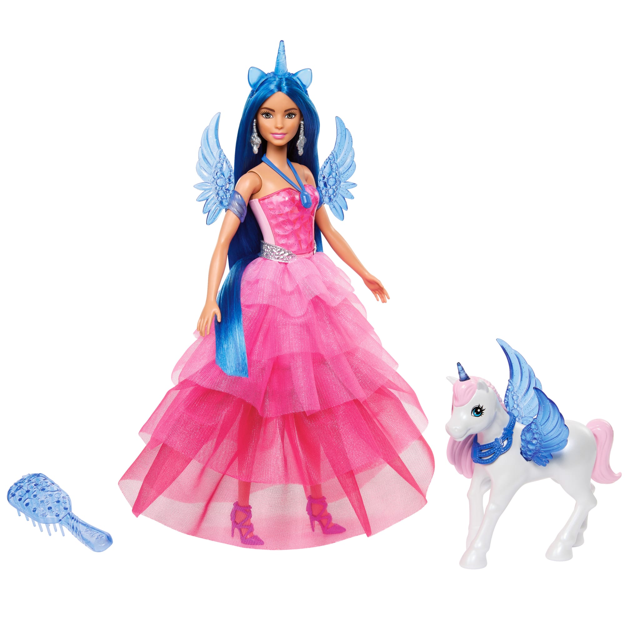 Barbie 65Anniversaire Poupée et Animal Licorne Ailée. Ch. Bleus