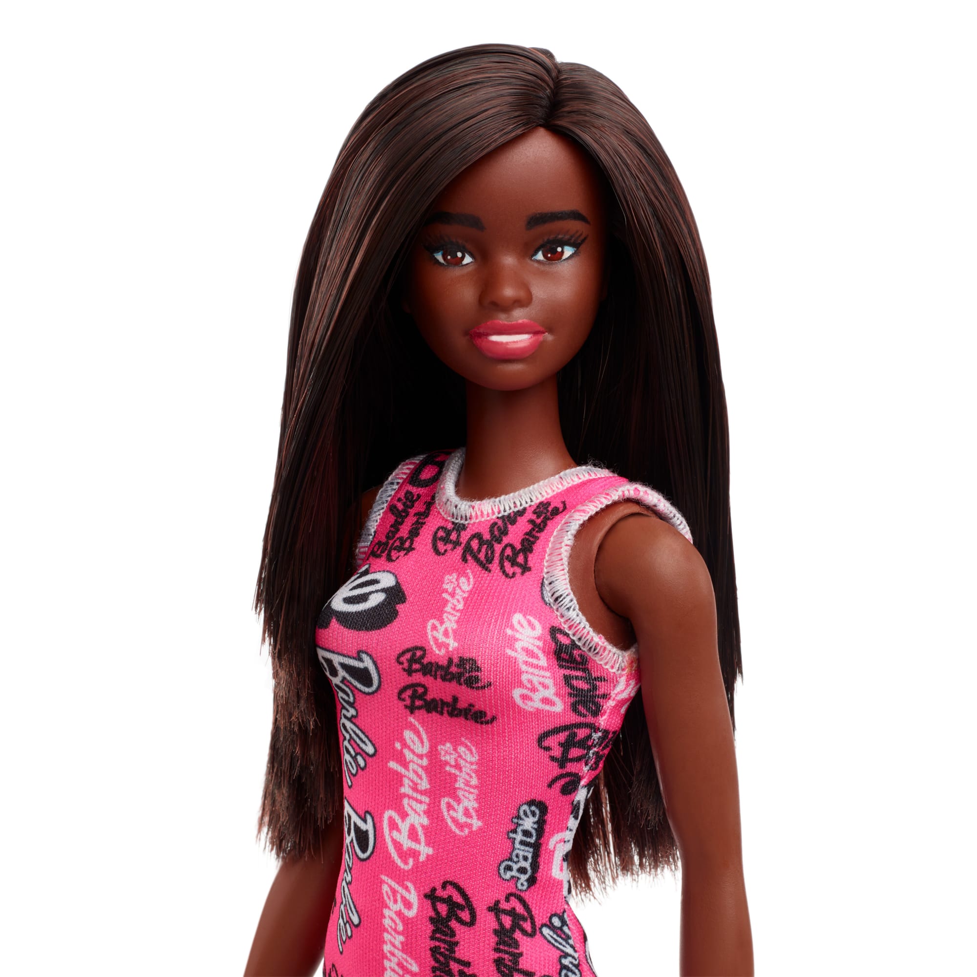 Barbie Fashion Doll With Straight Black Hair Wearing Removable Pink Dress With Logo Print & Shoes - Image 2