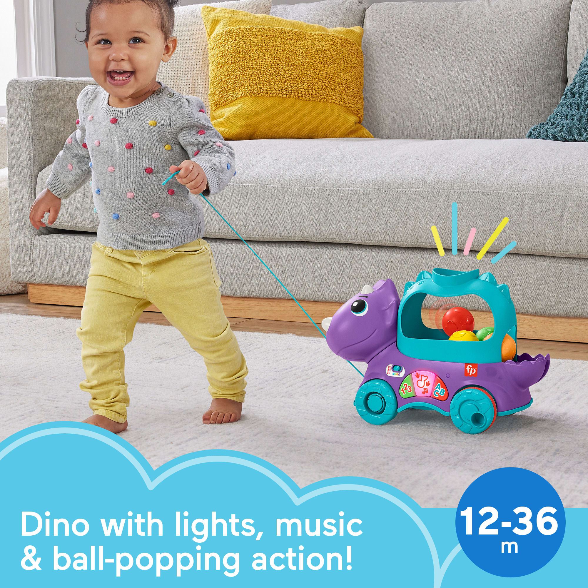 Fisher-Price Poppin' Triceratops Dinosaur Interactive Musical Learning Toy For Toddlers. 4 Balls - Image 2