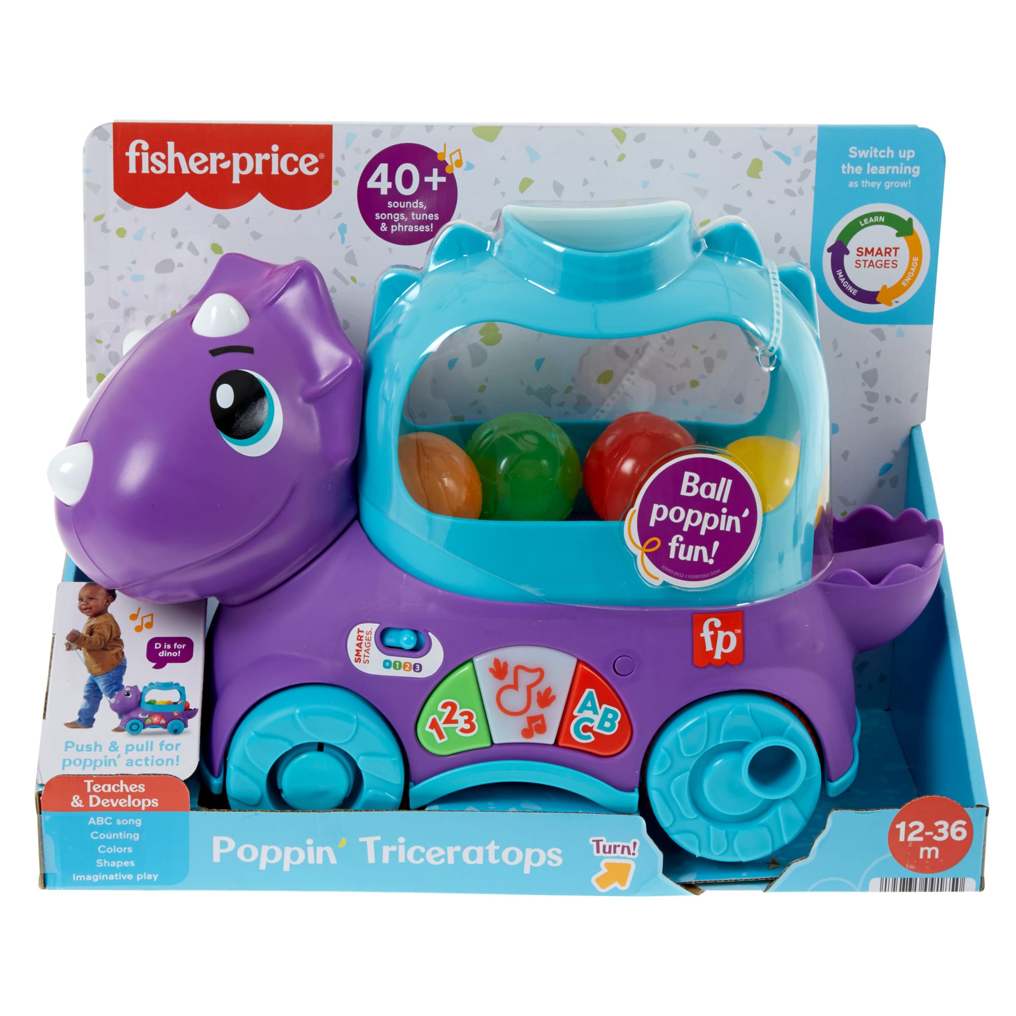 Fisher-Price Poppin' Triceratops Dinosaur Interactive Musical Learning Toy For Toddlers. 4 Balls - Image 6
