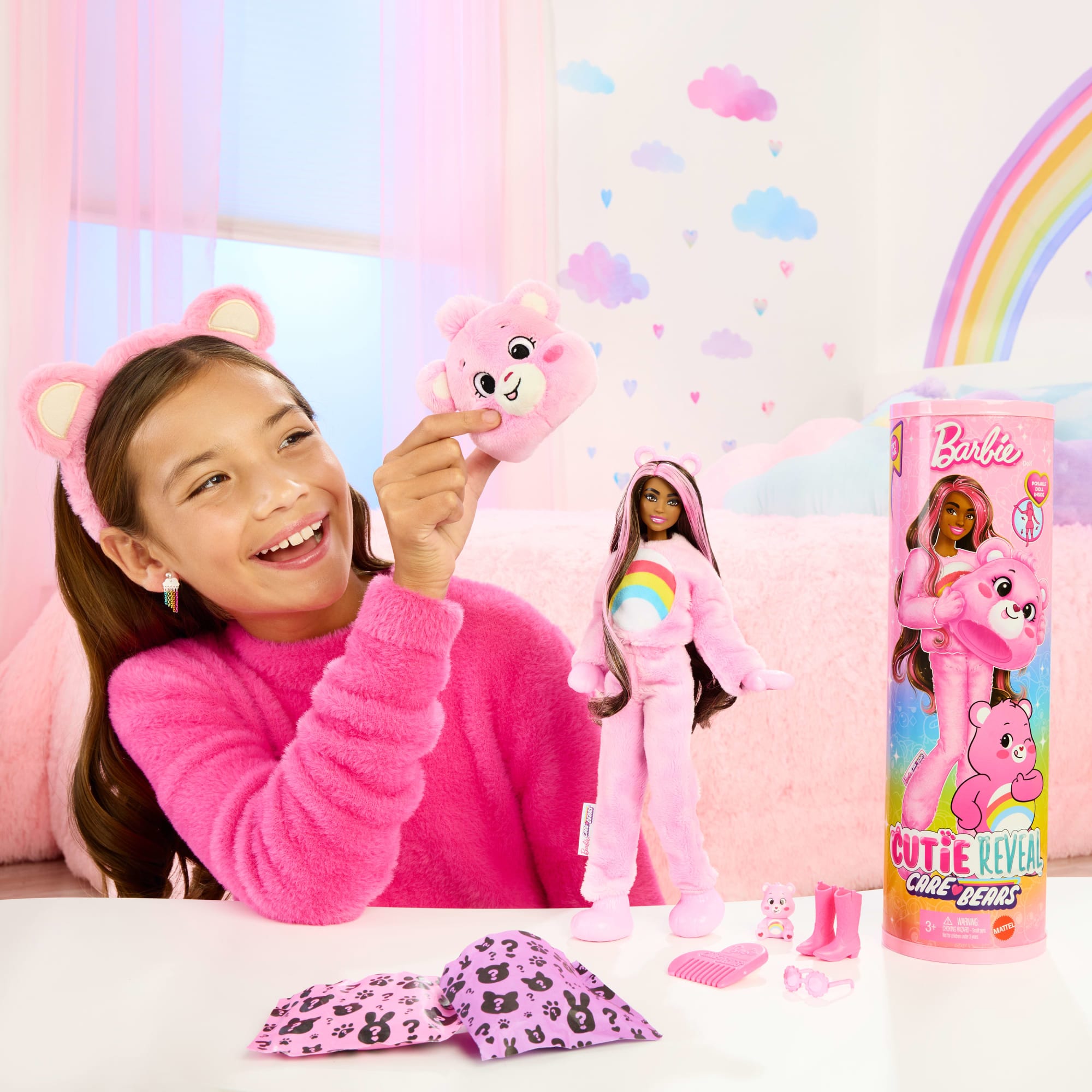 Barbie Cutie Reveal Care Bears Series Doll & Accessories in Cheer Bear Plush Costume. 10 Surprises - Image 2