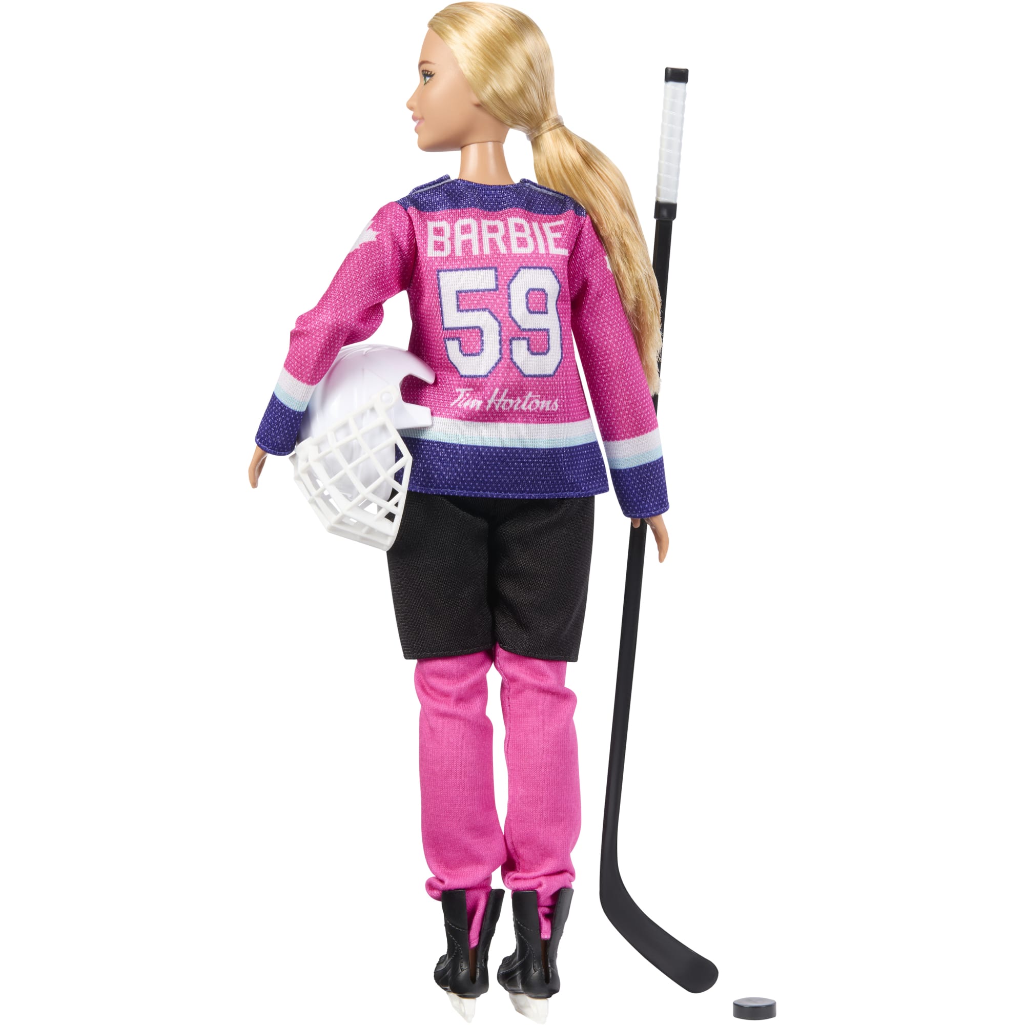Barbie Tim Hortons PWHL Fashion Doll in Pink. Purple. & Teal Hockey Jersey. includes Hockey Accessories - Image 5