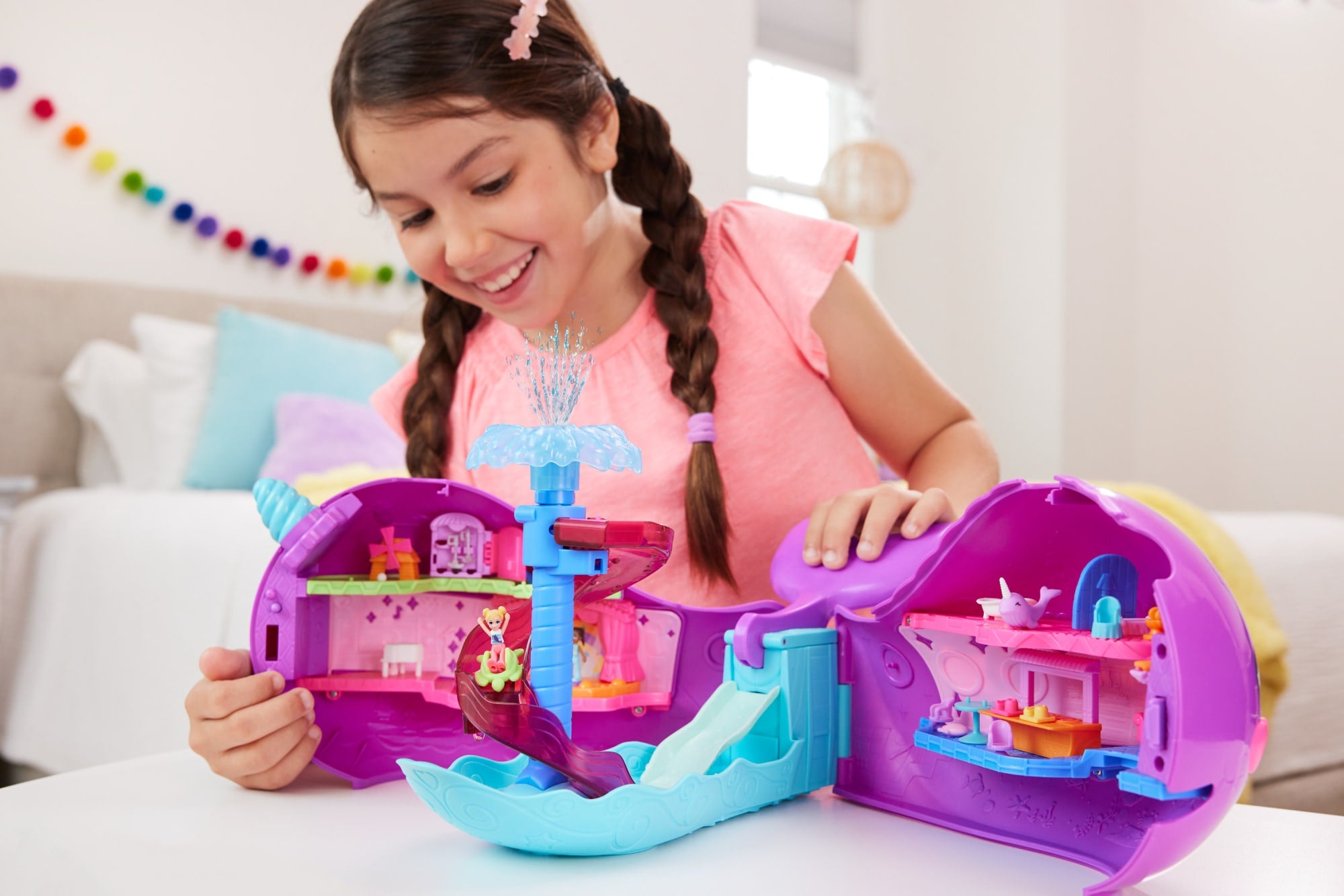 Polly Pocket Sparkle Cove Adventure Narwhal Adventurer Boat Playset With 2 Micro Dolls & 13 Accessories - Image 2