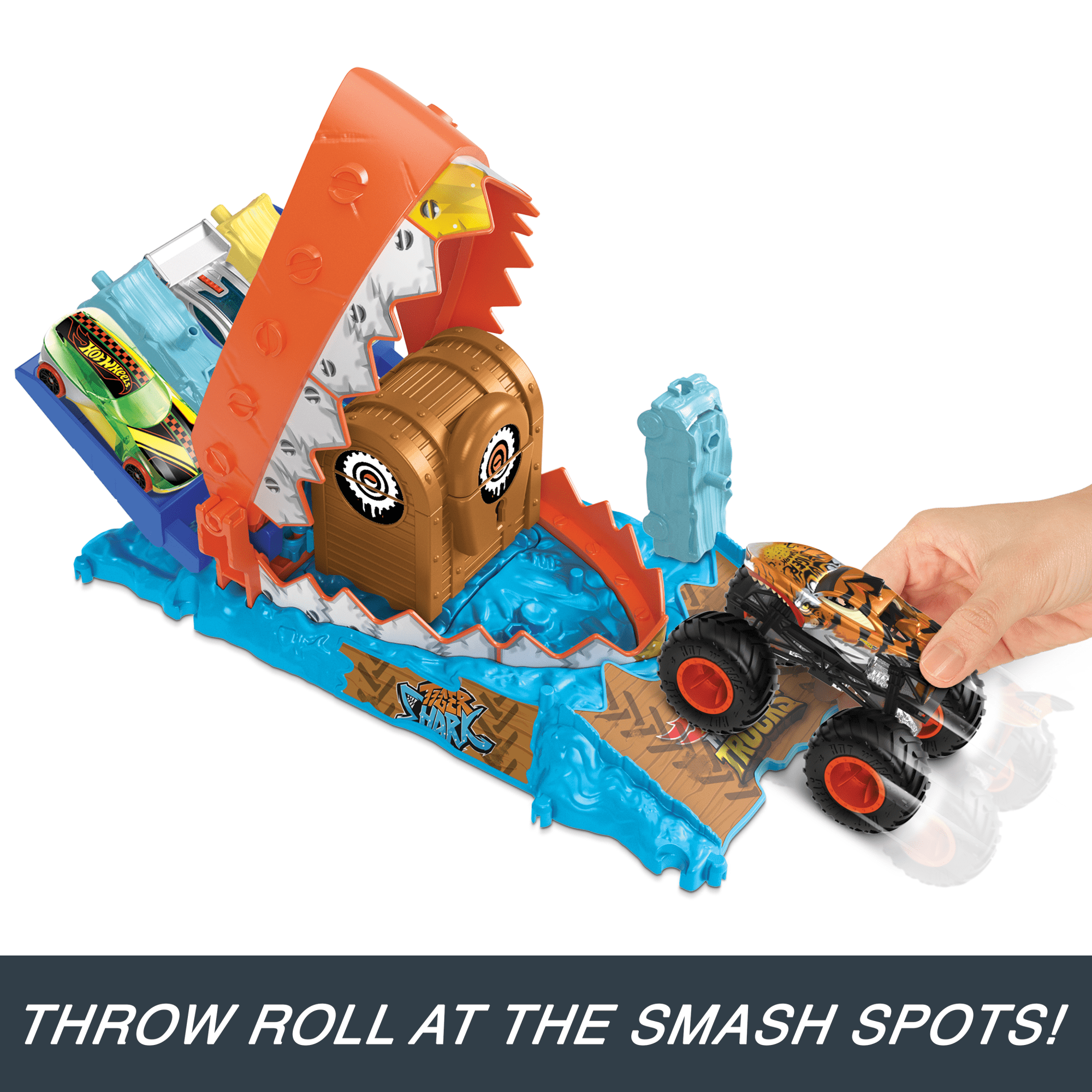 Hot Wheels Monster Trucks Arena Smashers Treasure Chomp Challenge Playset With 1:64 Scale Tiger Shark Toy Truck & Crushed Car - Image 2
