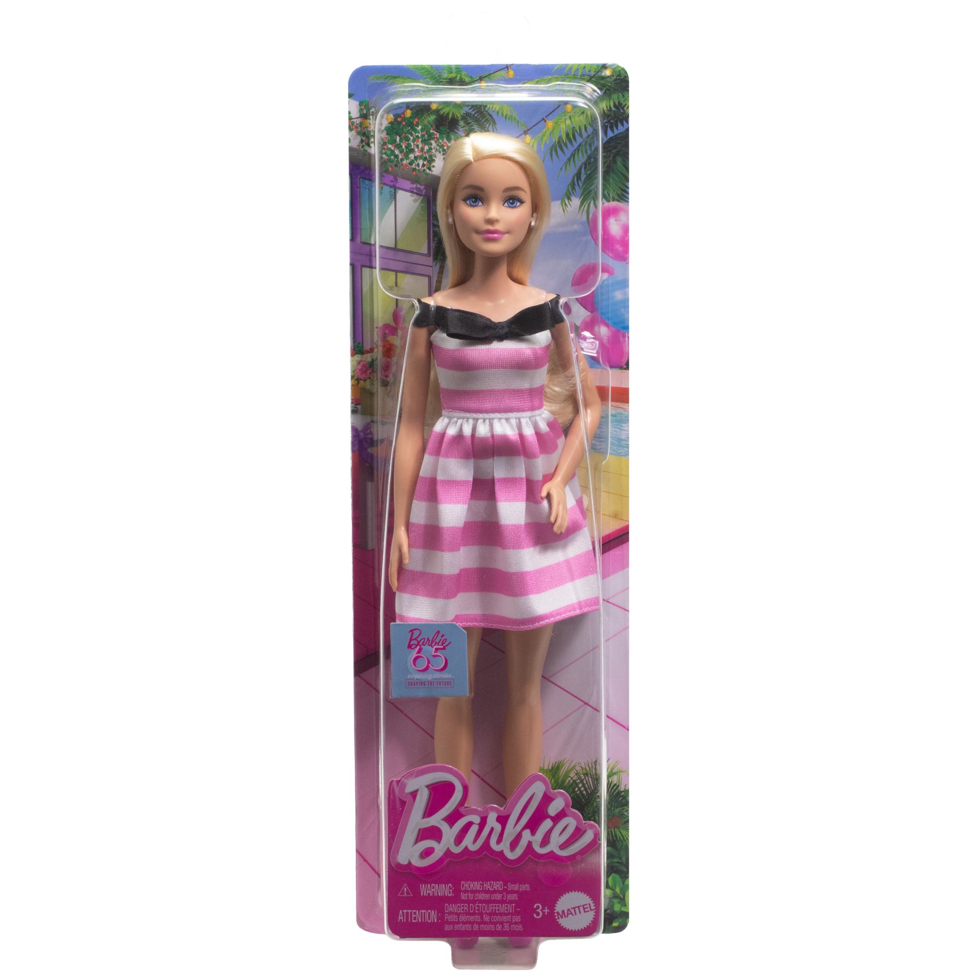 Barbie 65th Anniversary Fashion Doll With Blonde Hair. Pink Striped Dress And Accessories - Image 6