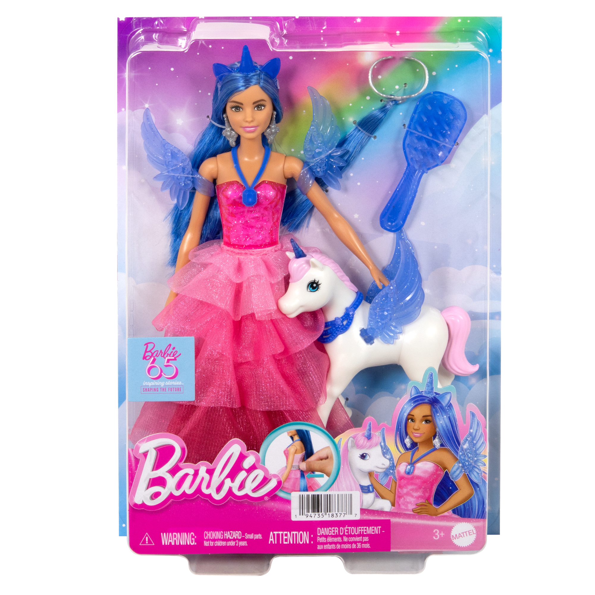 Barbie 65Anniversaire Poupée et Animal Licorne Ailée. Ch. Bleus - Image 6