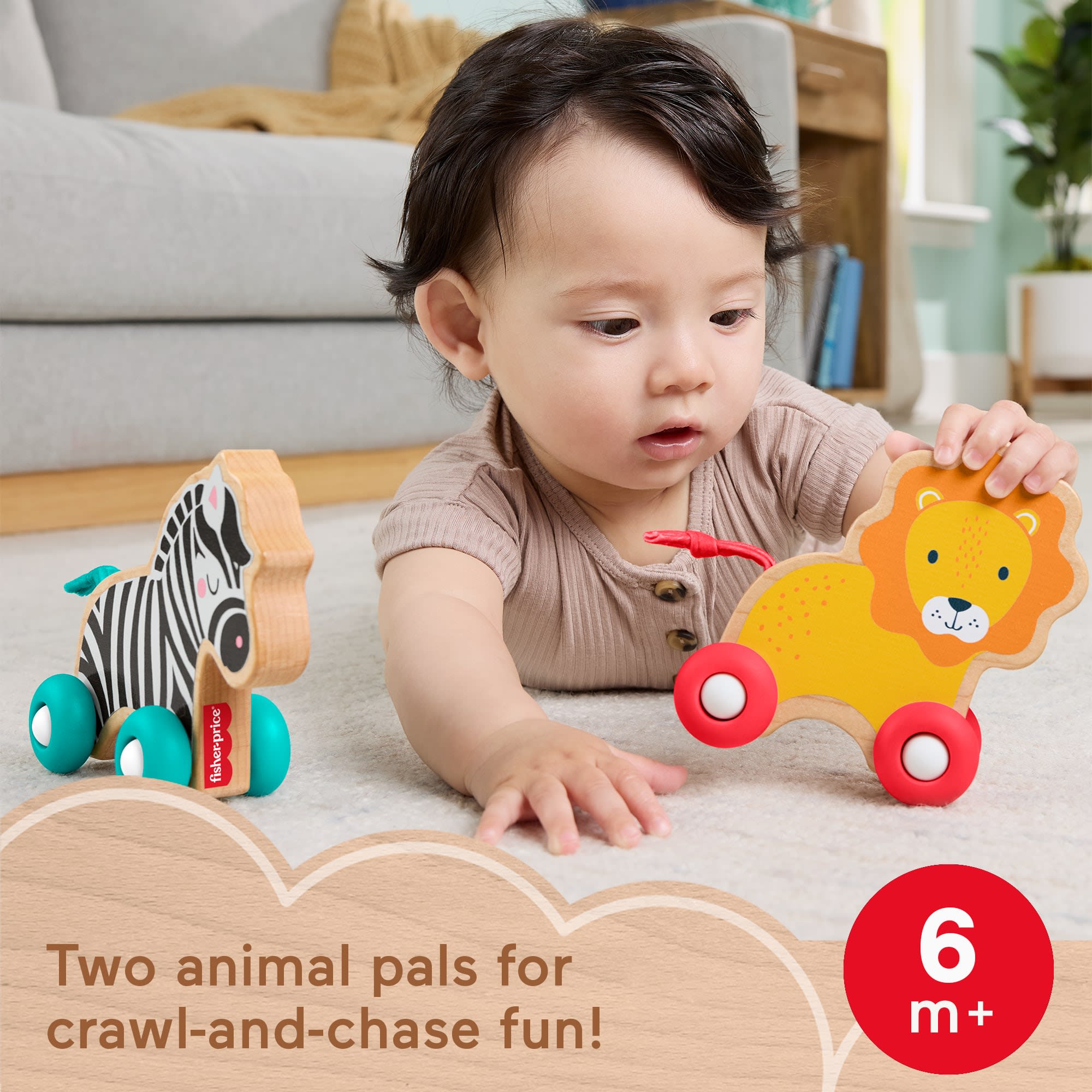 Fisher-Price Wooden Push Along Animals. Lion & Zebra Toy Vehicles For Baby Crawling Play - Image 2