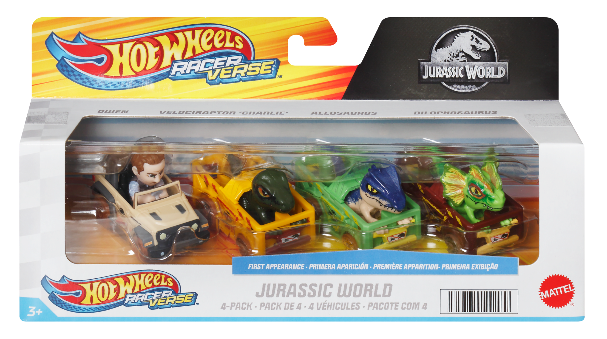 Hot Wheels Racerverse. Set Of 4 Die-Cast Hot Wheels Cars With Jurassic World Characters As Drivers