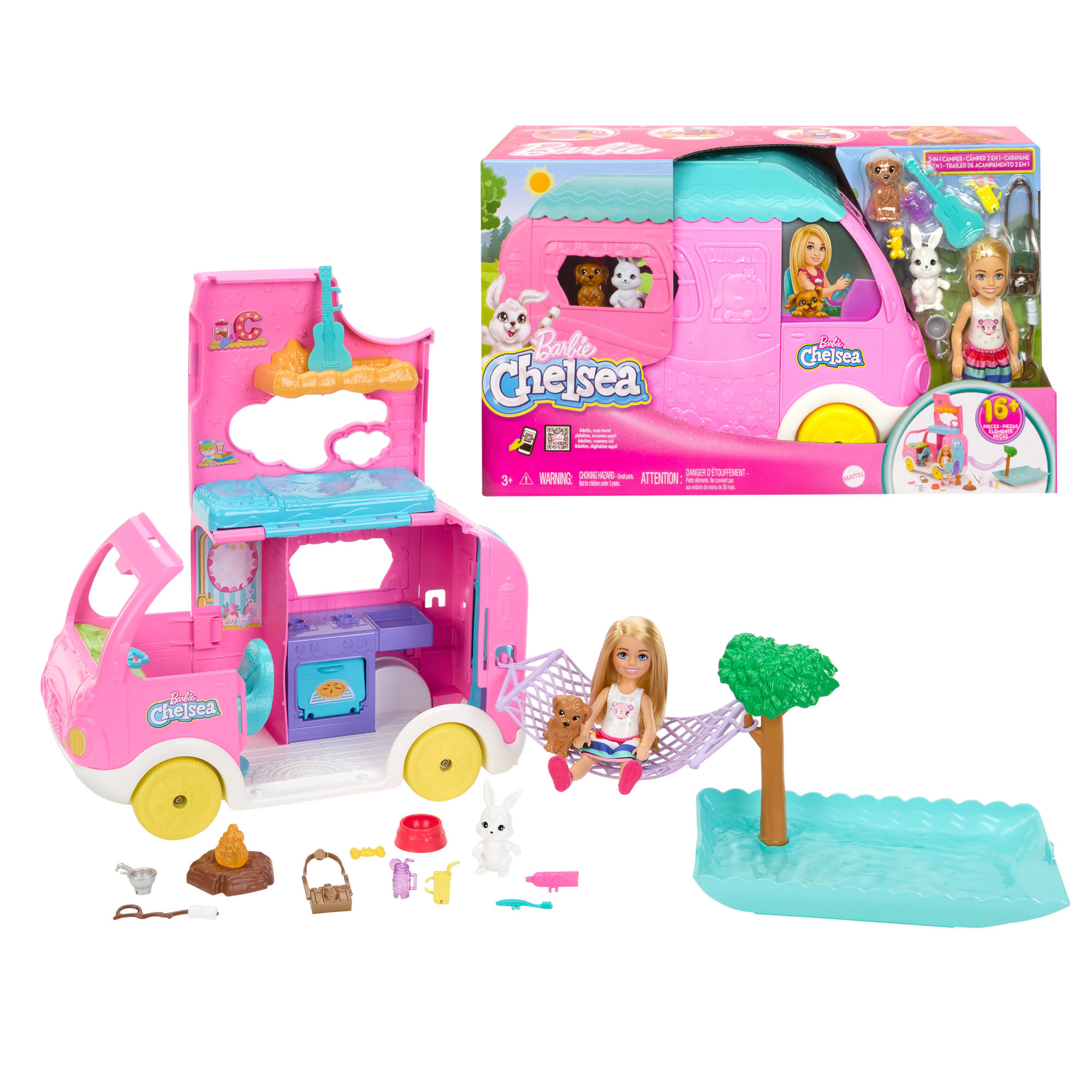 Barbie Chelsea 2-in-1 Camper Playset With Chelsea Small Doll. 2 Pets & 15 Accessories