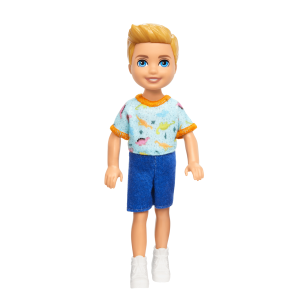 Barbie Chelsea Doll. Small Boy Doll Wearing Removable One-Piece With Dino Print. Blond Hair & Blue Eyes