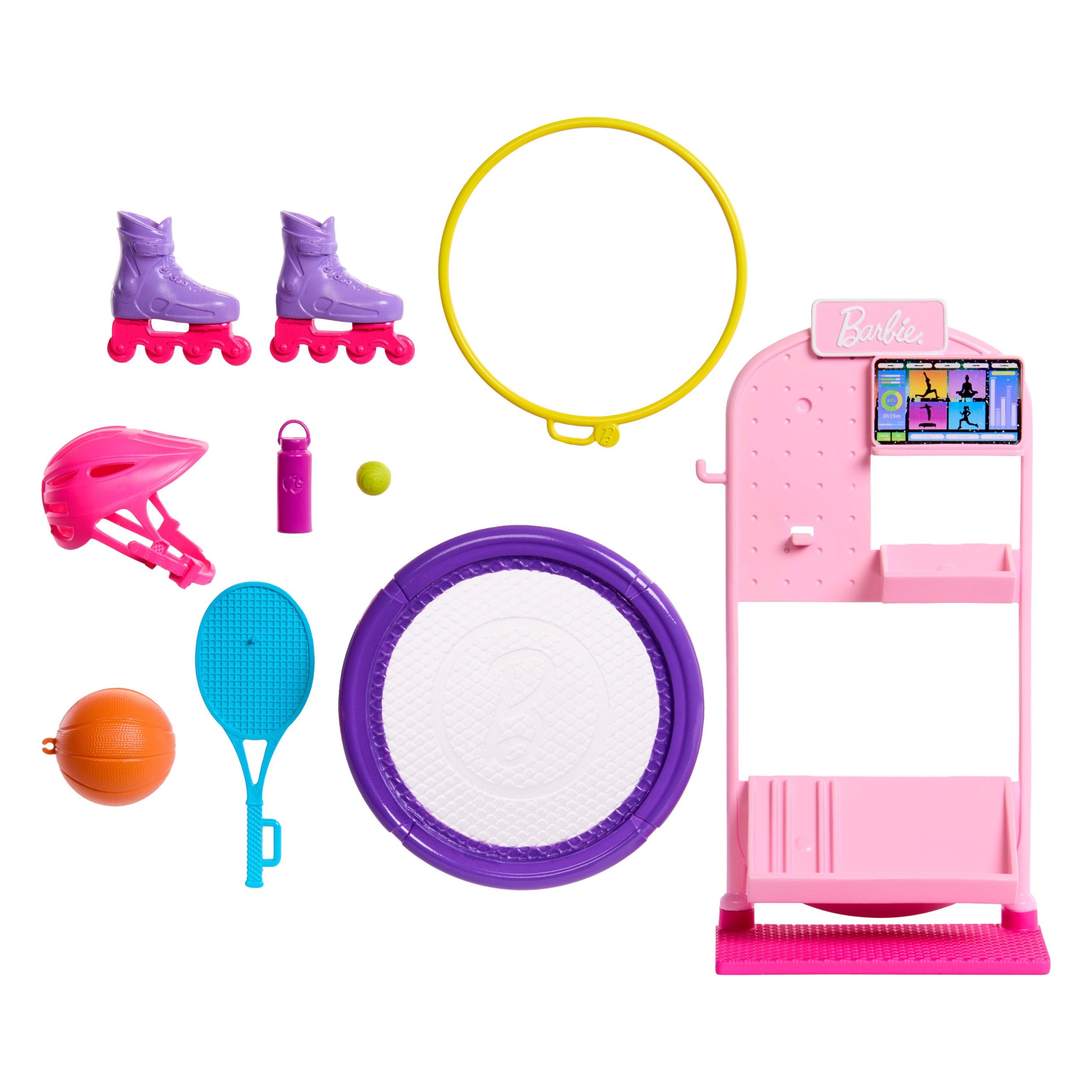 Barbie World Sport Rack Toy Playset With 9 Doll Accessories Including Trampoline. Tennis Racket. & Skates - Image 5
