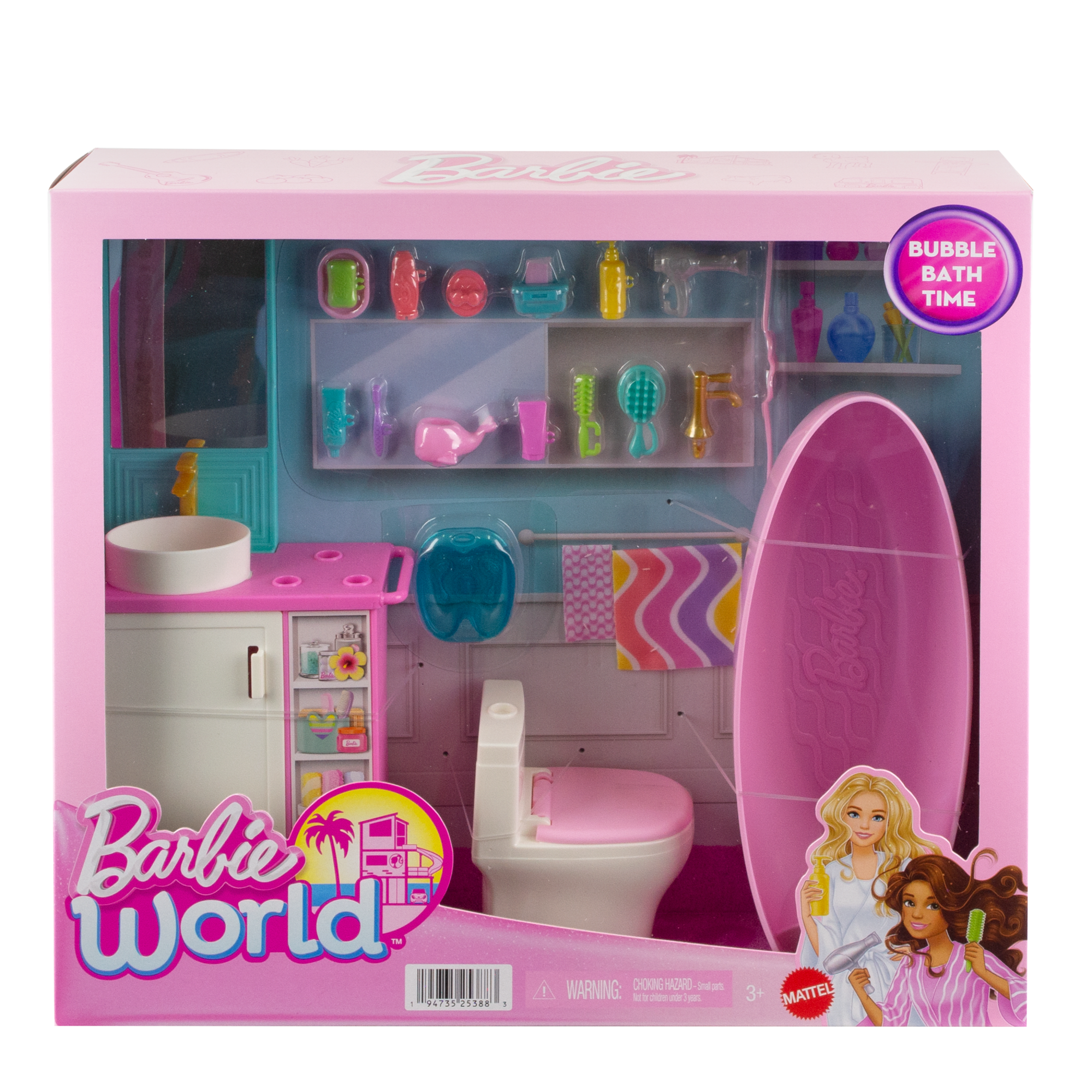 Barbie World Bathtime Toy Playset With 19 Dollhouse Accessories including Bathtub. Toilet. & Vanity - Image 6