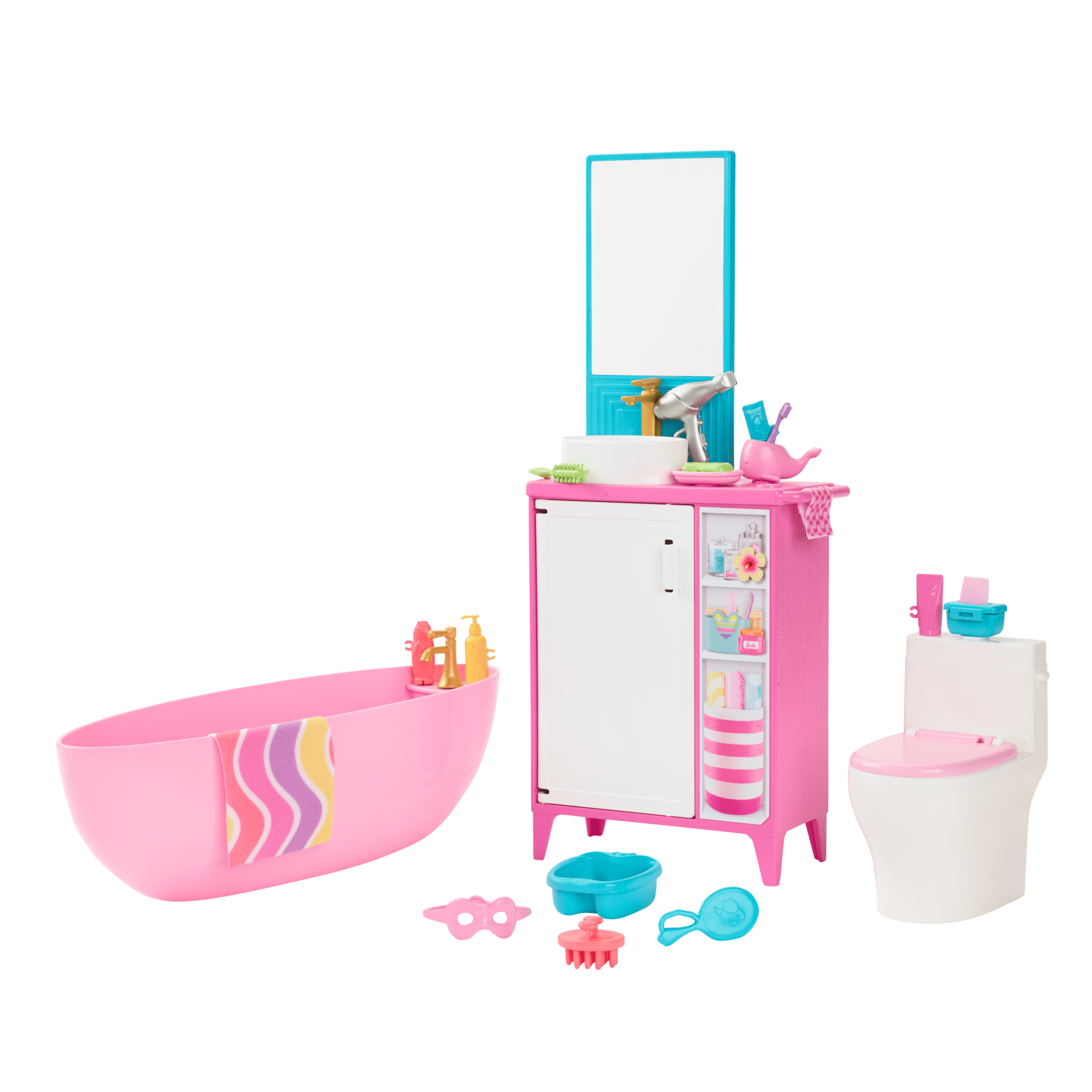 Barbie World Bathtime Toy Playset With 19 Dollhouse Accessories including Bathtub. Toilet. & Vanity