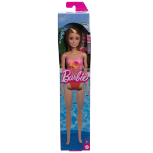 Barbie Poupée Plage Cheveux Blonds. Maillot Rose à Imprimé Palmiers